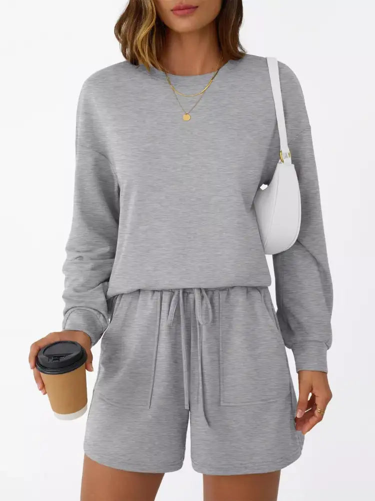 Round Neck Long Sleeve Top and Shorts Set