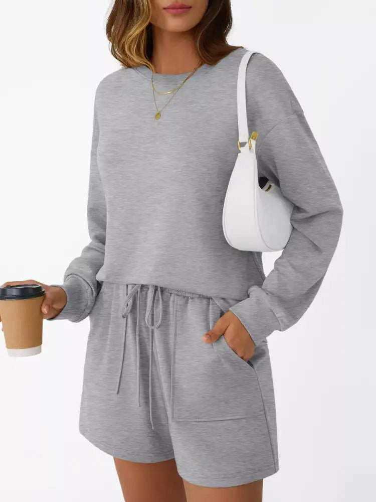 Round Neck Long Sleeve Top and Shorts Set