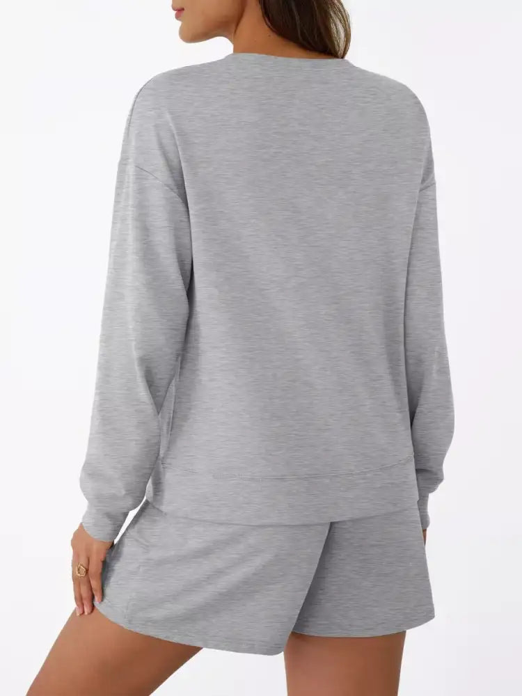 Round Neck Long Sleeve Top and Shorts Set