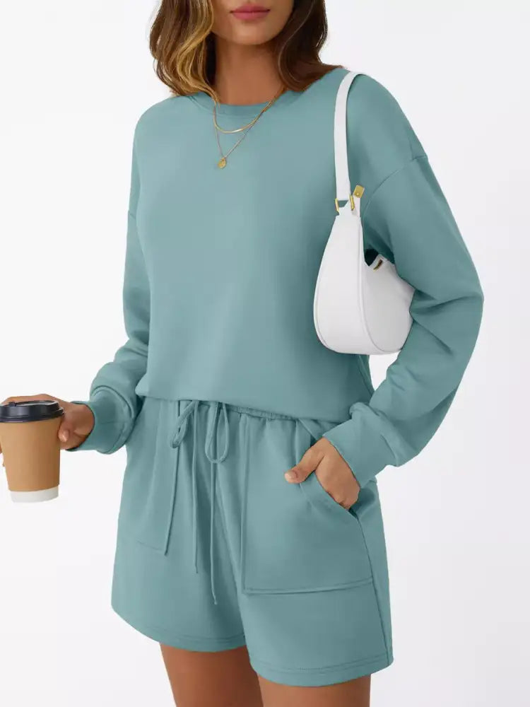 Round Neck Long Sleeve Top and Shorts Set