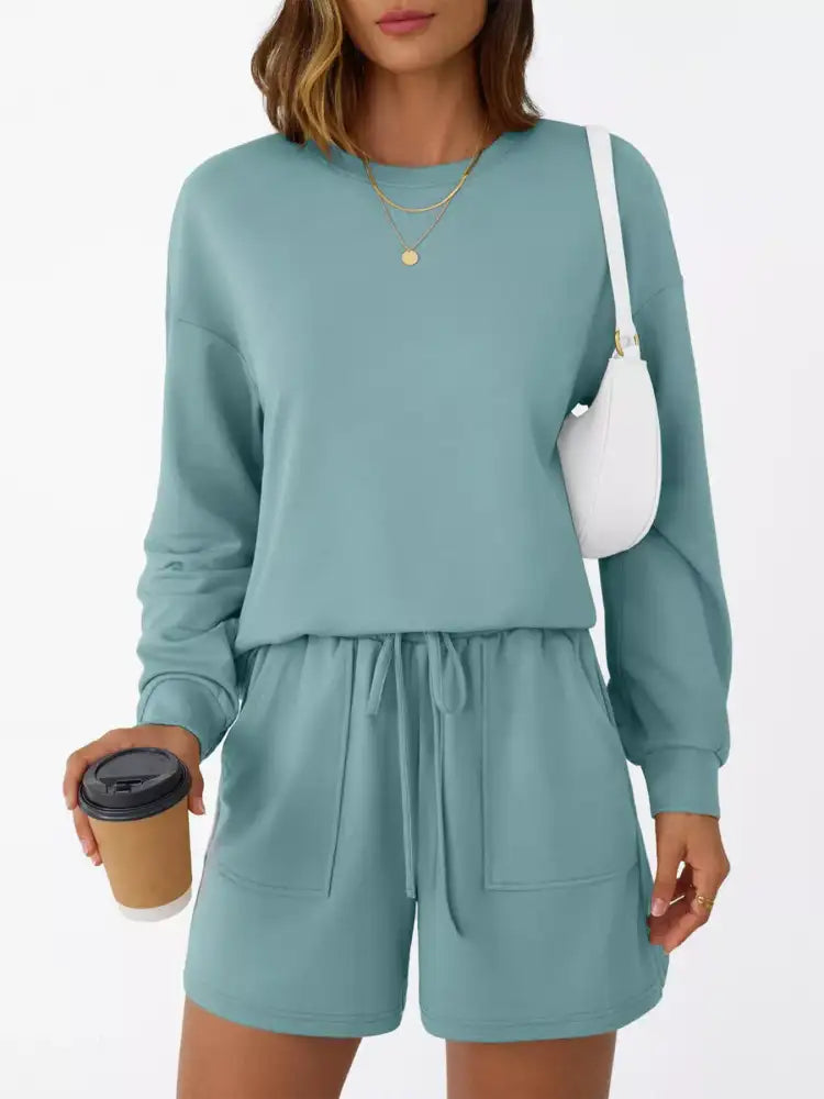 Round Neck Long Sleeve Top and Shorts Set