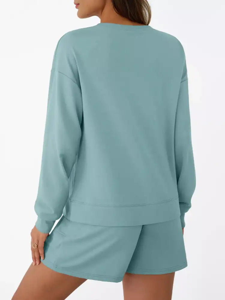 Round Neck Long Sleeve Top and Shorts Set