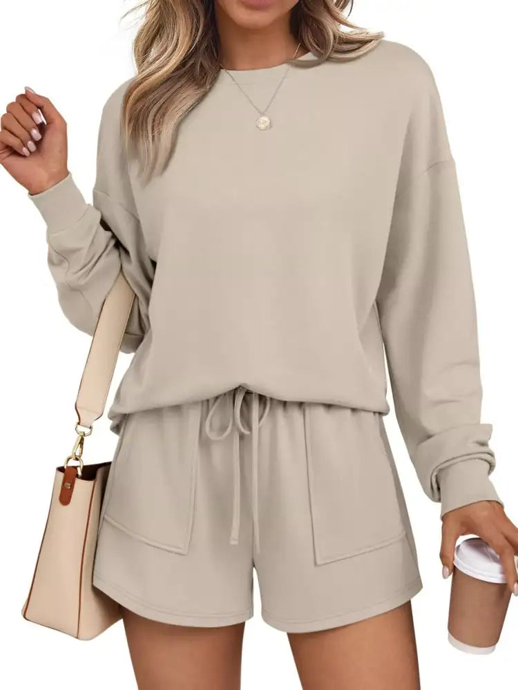 Round Neck Long Sleeve Top and Shorts Set
