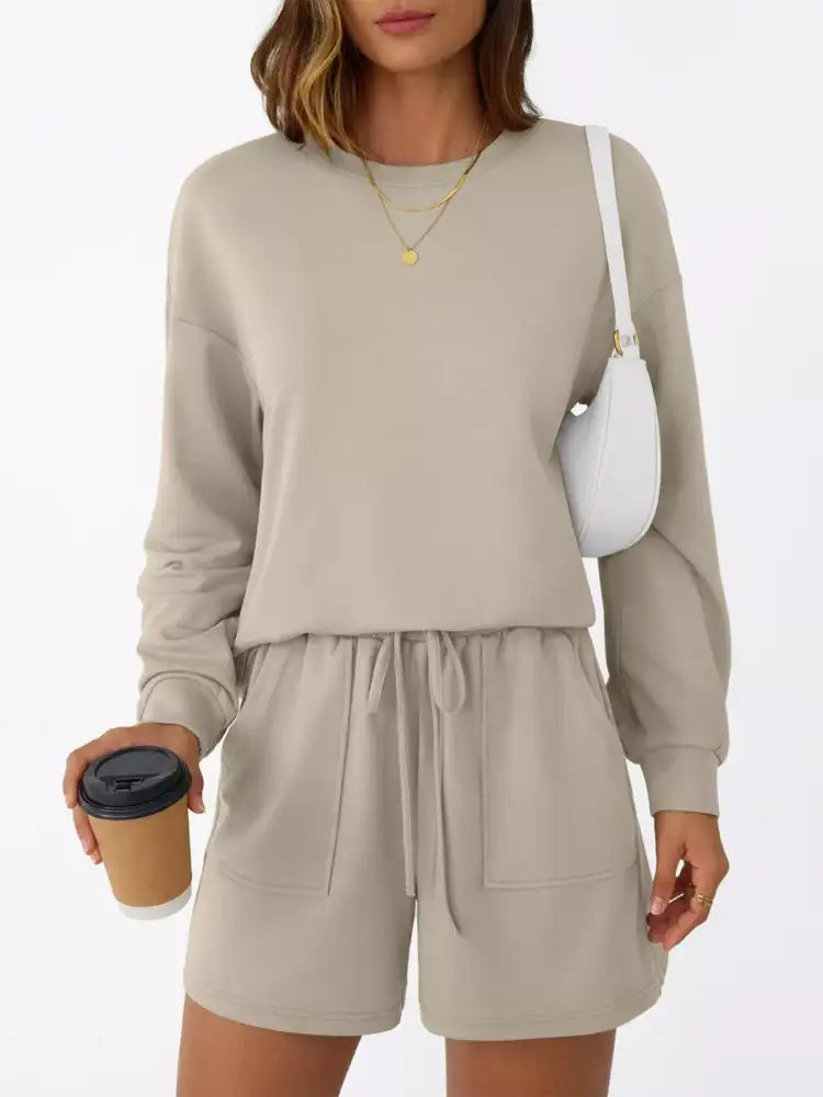 Round Neck Long Sleeve Top and Shorts Set