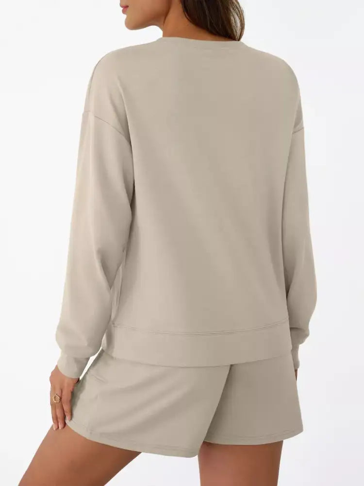 Round Neck Long Sleeve Top and Shorts Set