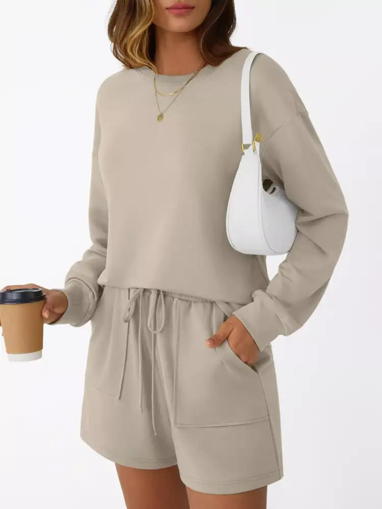 Round Neck Long Sleeve Top and Shorts Set