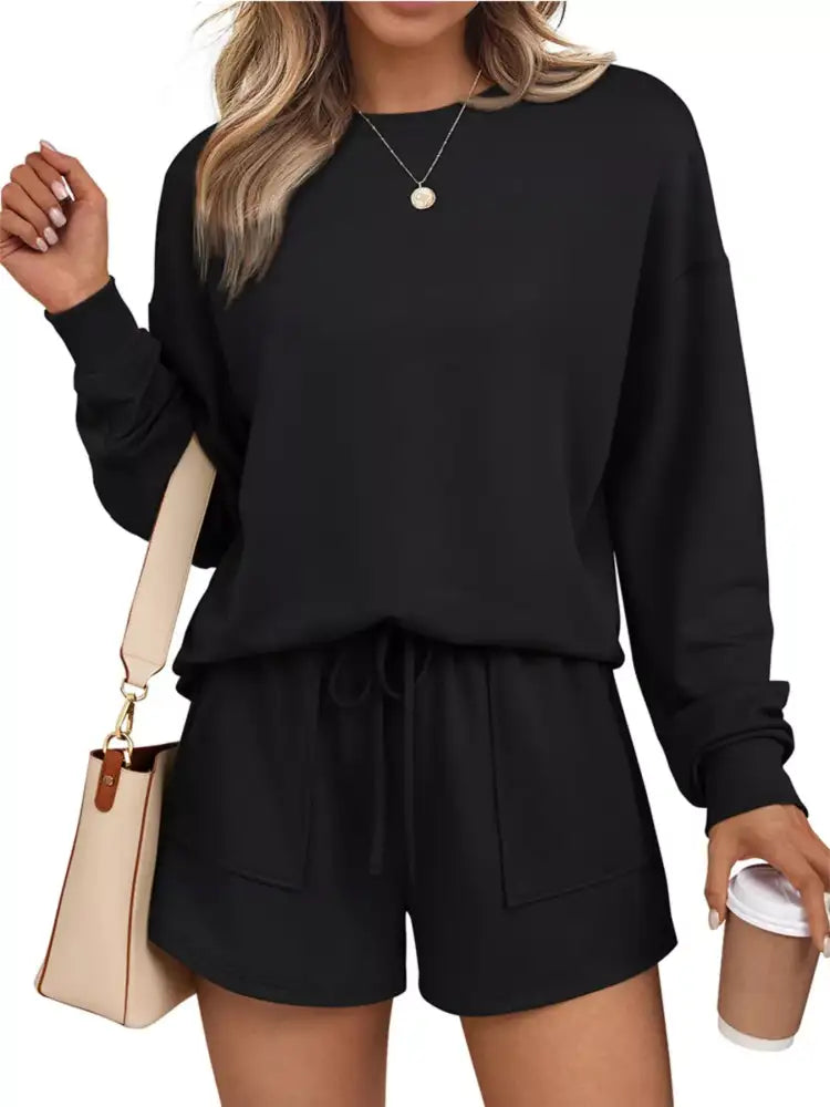 Round Neck Long Sleeve Top and Shorts Set