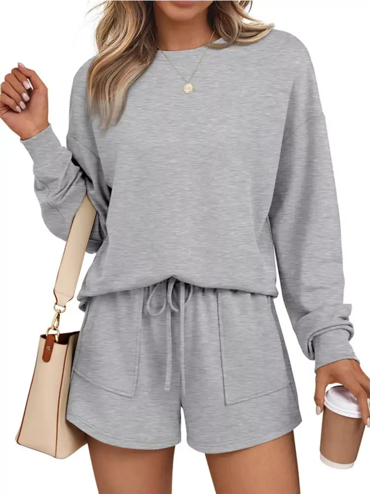 Round Neck Long Sleeve Top and Shorts Set