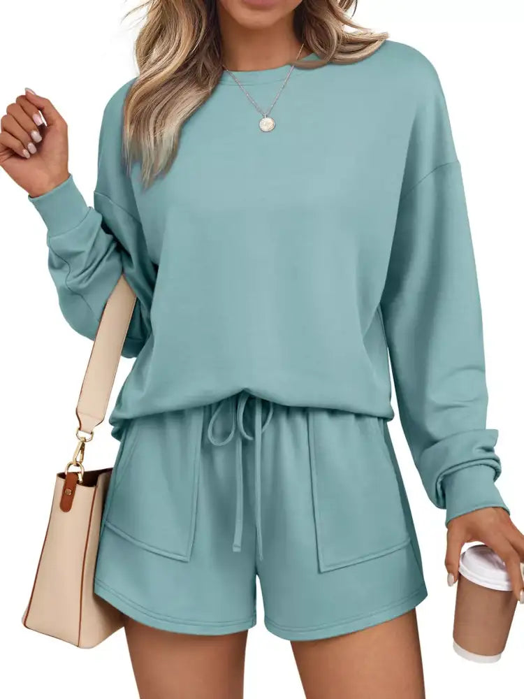 Round Neck Long Sleeve Top and Shorts Set