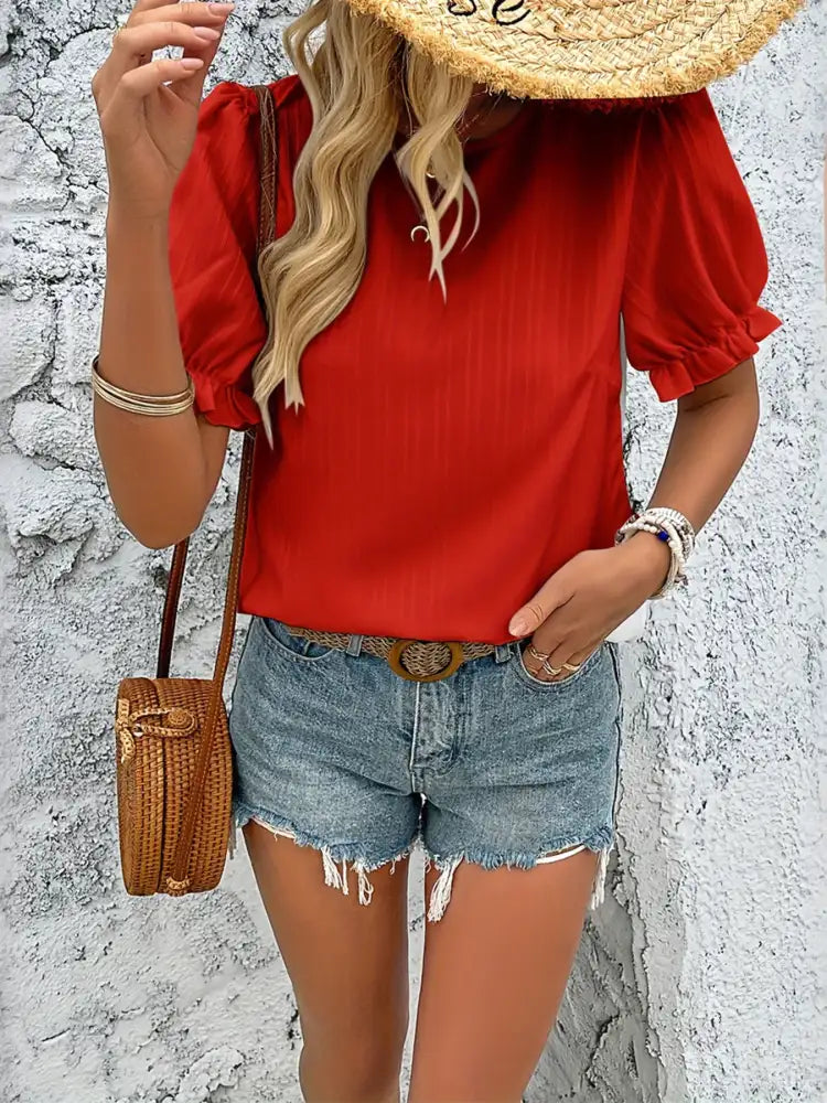 Round Neck Puff Sleeve Blouse