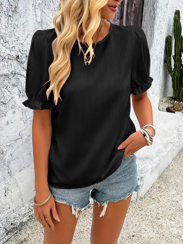 Round Neck Puff Sleeve Blouse