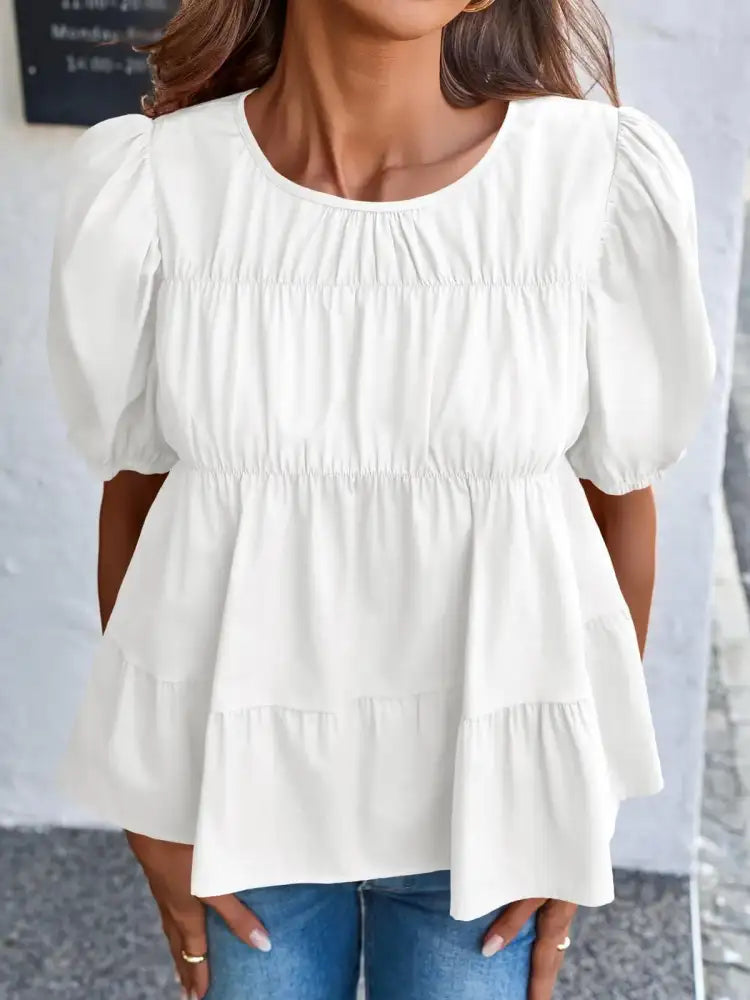 Round Neck Puff Sleeve Tiered Blouse