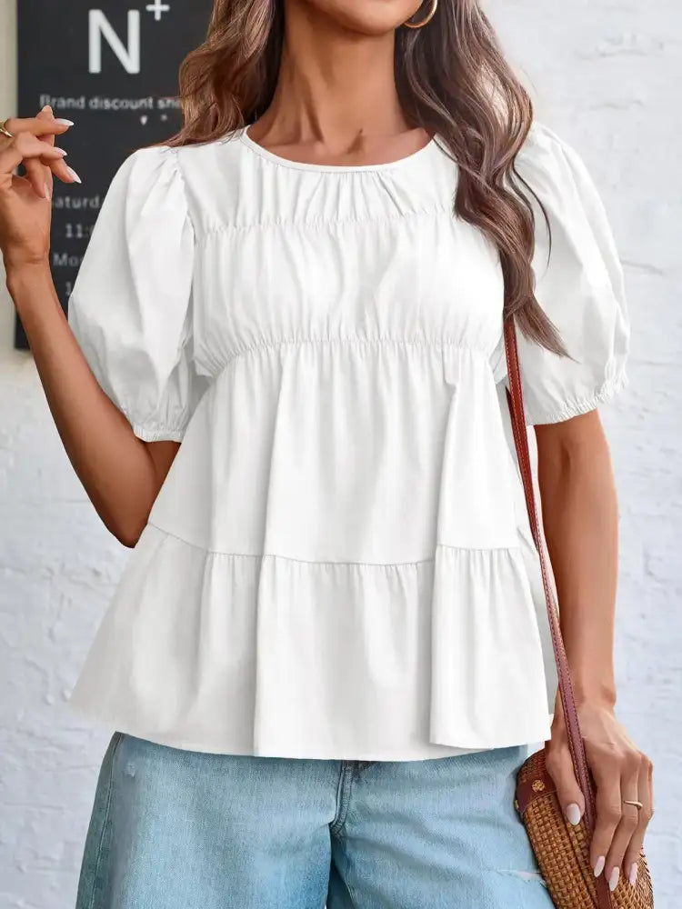 Round Neck Puff Sleeve Tiered Blouse