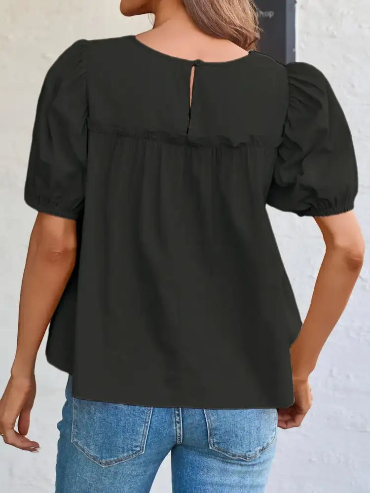 Round Neck Puff Sleeve Tiered Blouse
