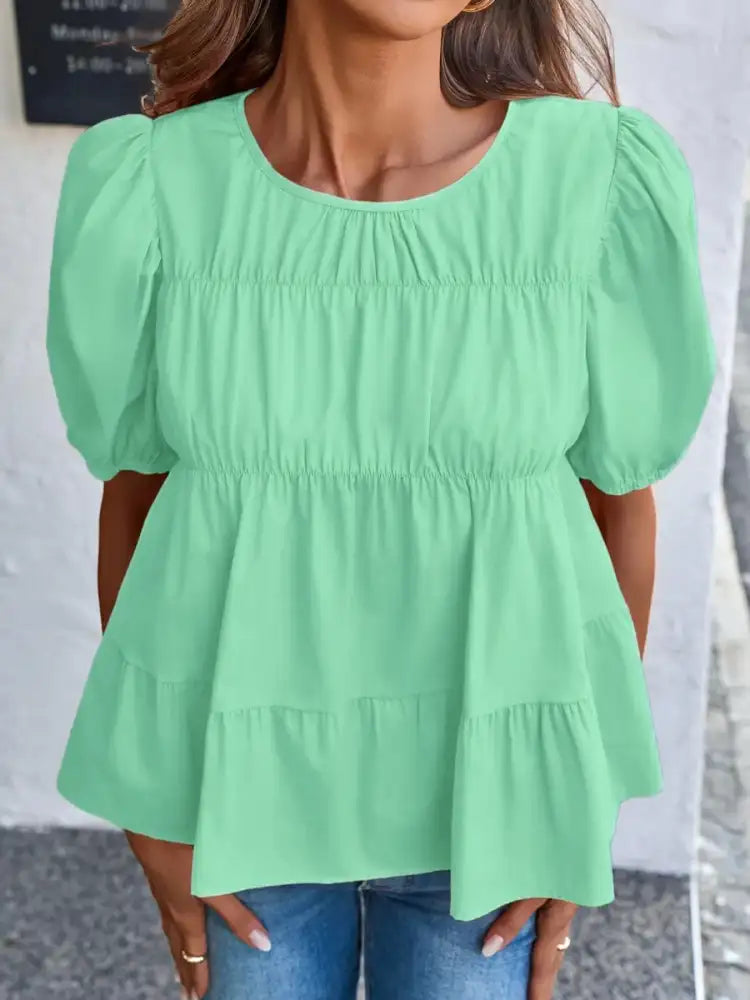 Round Neck Puff Sleeve Tiered Blouse