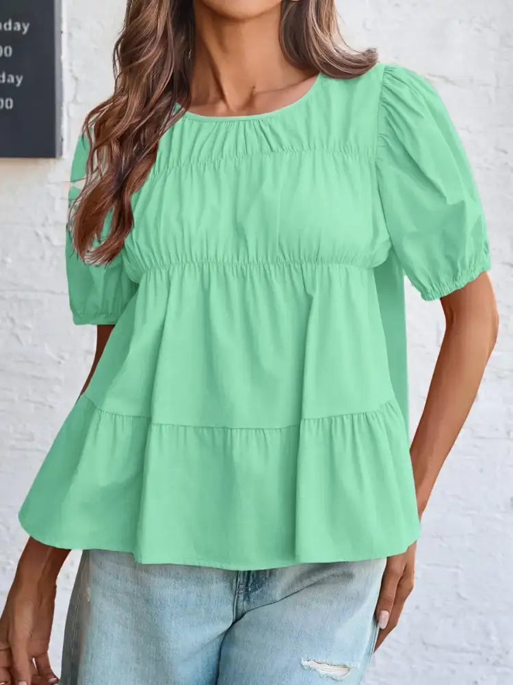 Round Neck Puff Sleeve Tiered Blouse