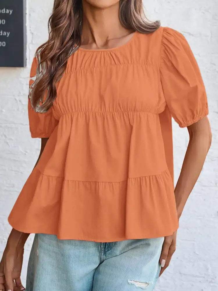 Round Neck Puff Sleeve Tiered Blouse
