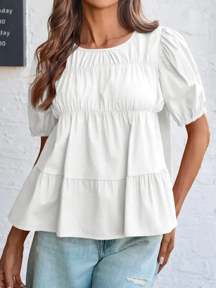 Round Neck Puff Sleeve Tiered Blouse