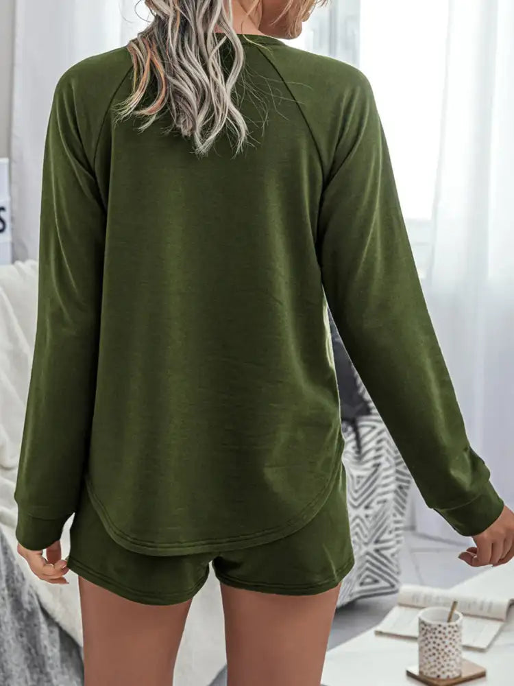 Round Neck Raglan Sleeve Top and Shorts Lounge Set