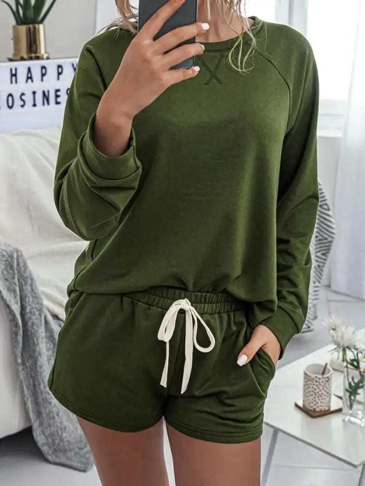 Round Neck Raglan Sleeve Top and Shorts Lounge Set