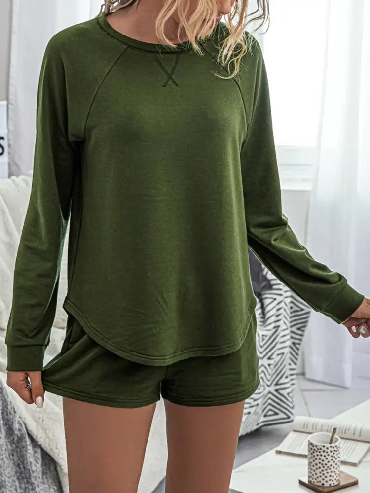 Round Neck Raglan Sleeve Top and Shorts Lounge Set