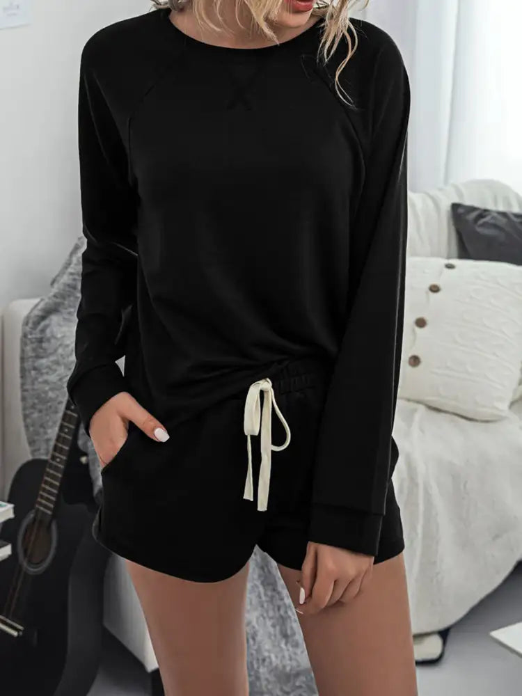 Round Neck Raglan Sleeve Top and Shorts Lounge Set