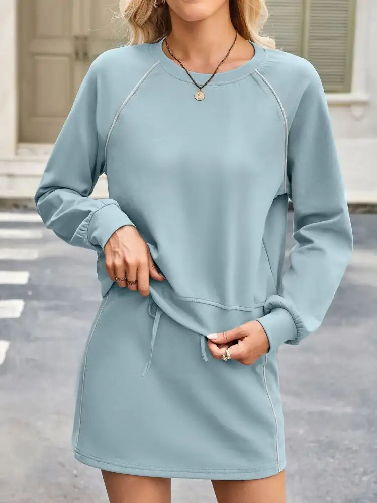 Round Neck Raglan Sleeve Top and Skort Set