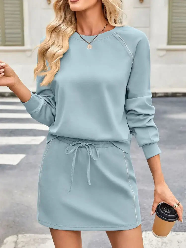 Round Neck Raglan Sleeve Top and Skort Set