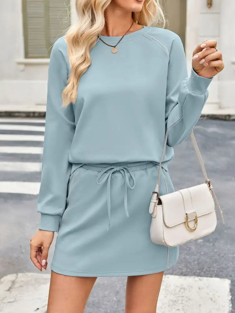 Round Neck Raglan Sleeve Top and Skort Set