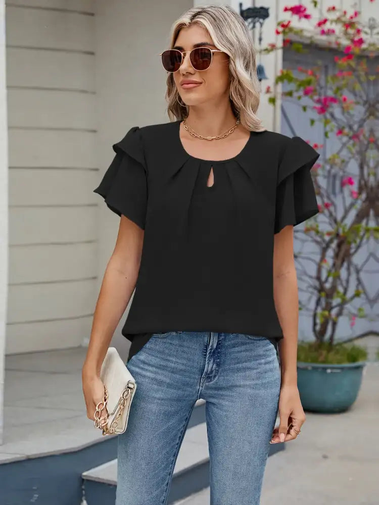 Round Neck Ruffled Layered Sleeve Blouse