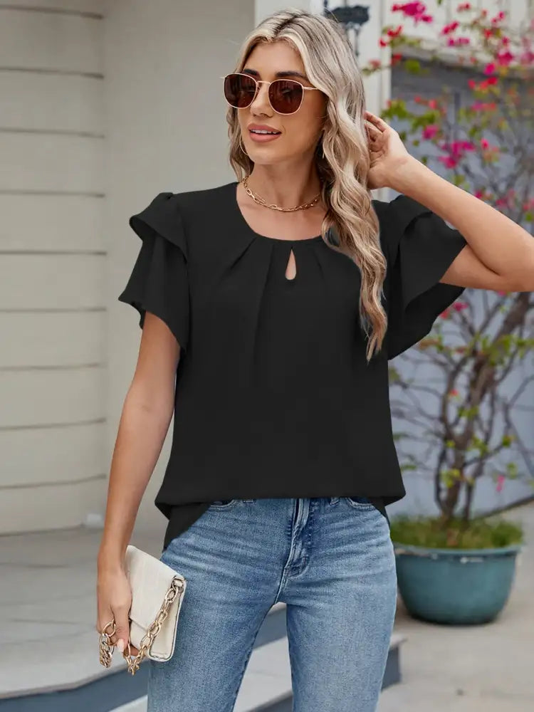 Round Neck Ruffled Layered Sleeve Blouse