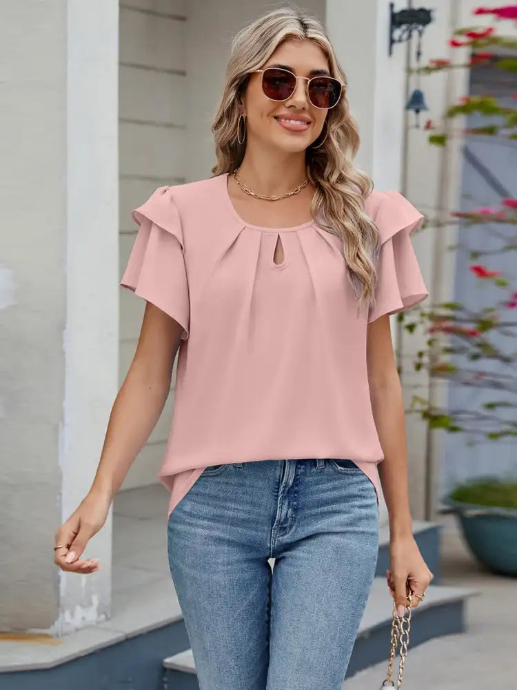 Round Neck Ruffled Layered Sleeve Blouse