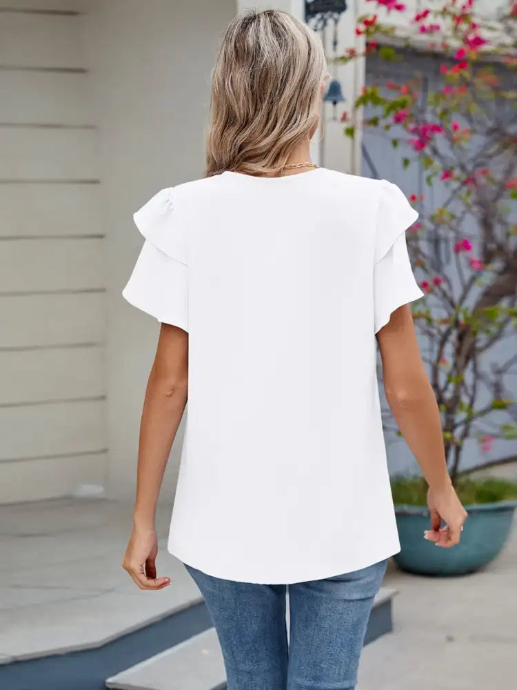 Round Neck Ruffled Layered Sleeve Blouse
