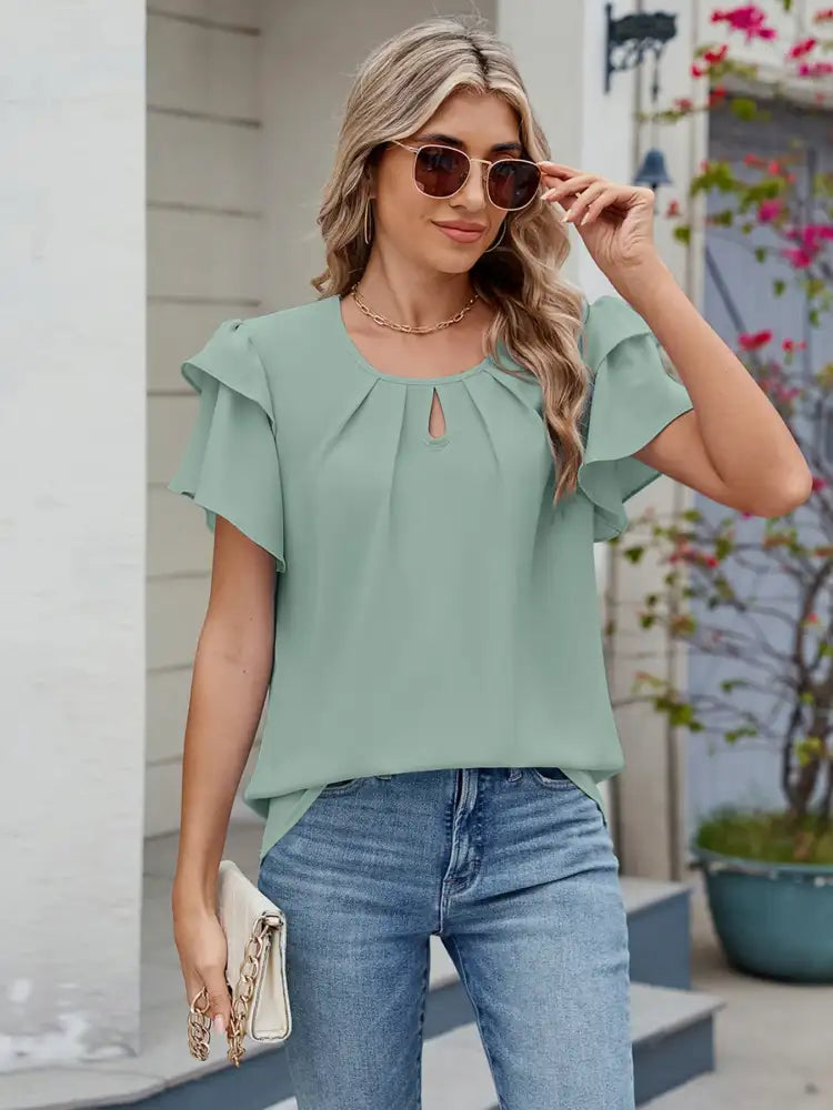 Round Neck Ruffled Layered Sleeve Blouse