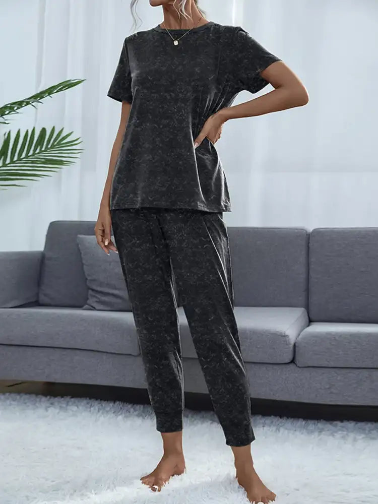 Round Neck Short Sleeve Top and Pants Lounge Set
