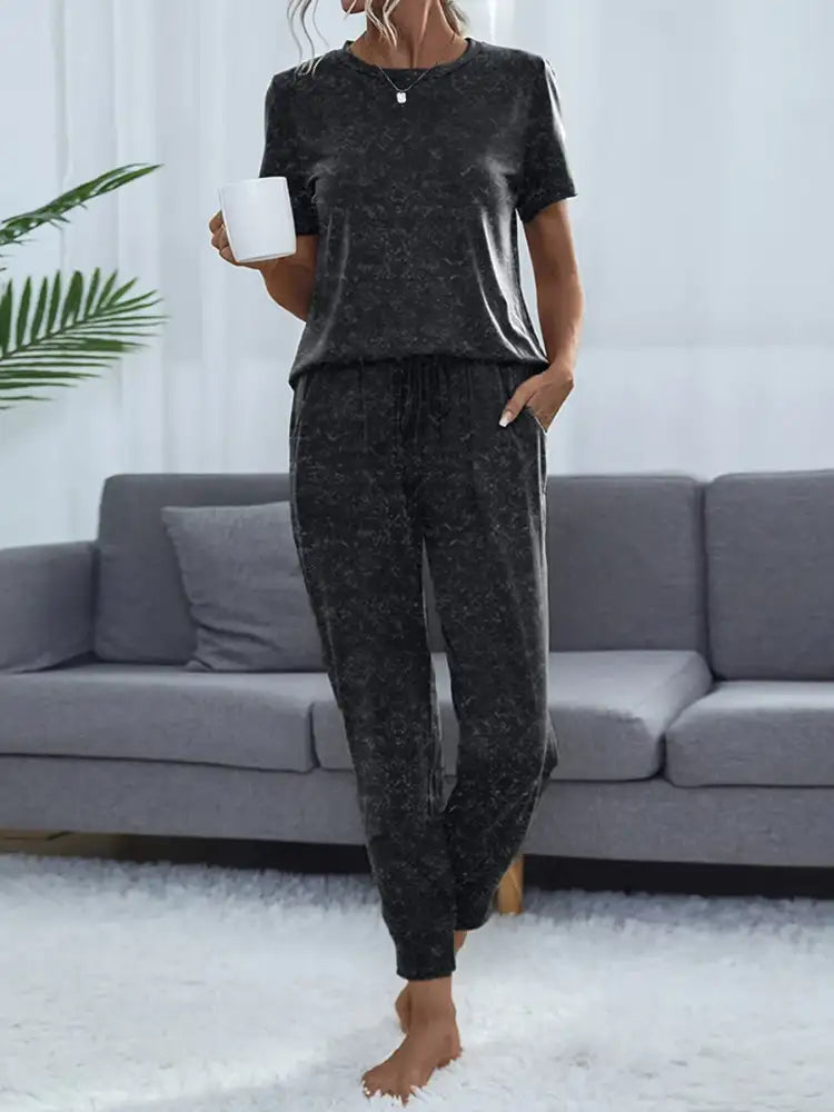 Round Neck Short Sleeve Top and Pants Lounge Set
