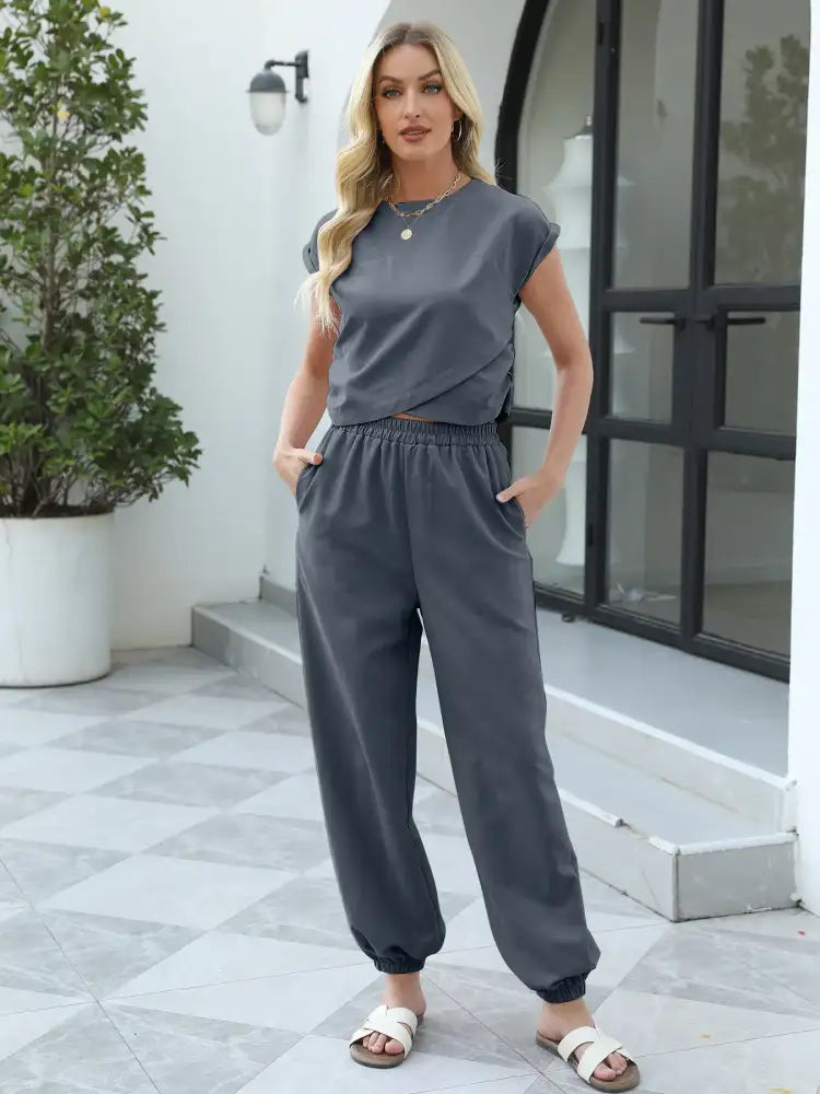 Round Neck Short Sleeve Top and Pants Set