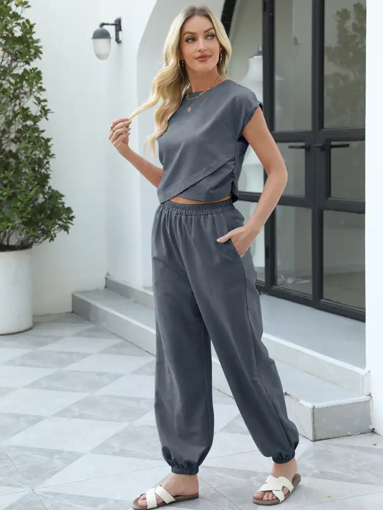 Round Neck Short Sleeve Top and Pants Set