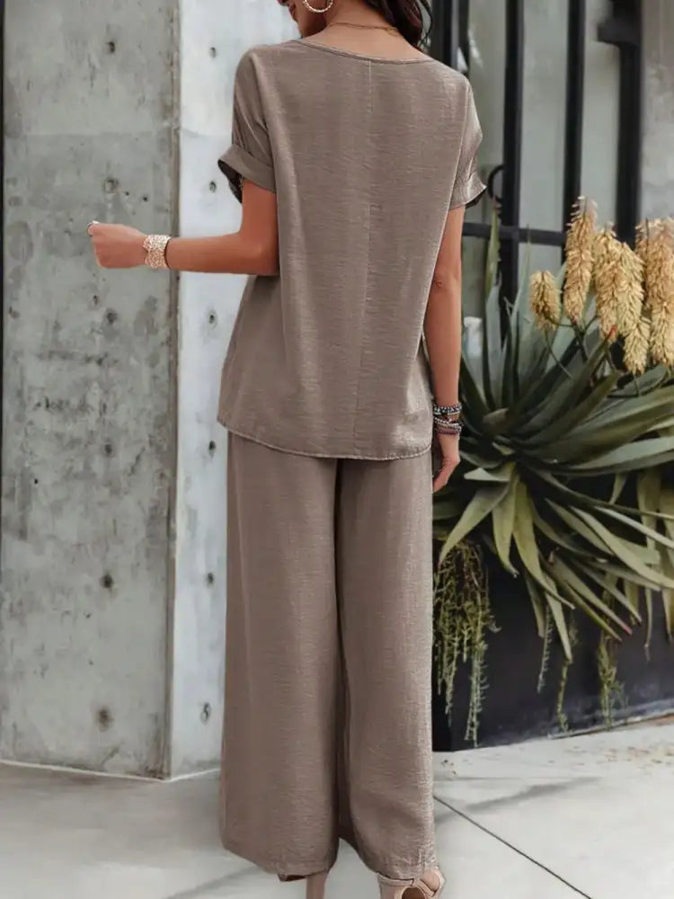 Round Neck Short Sleeve Top and Pants Set