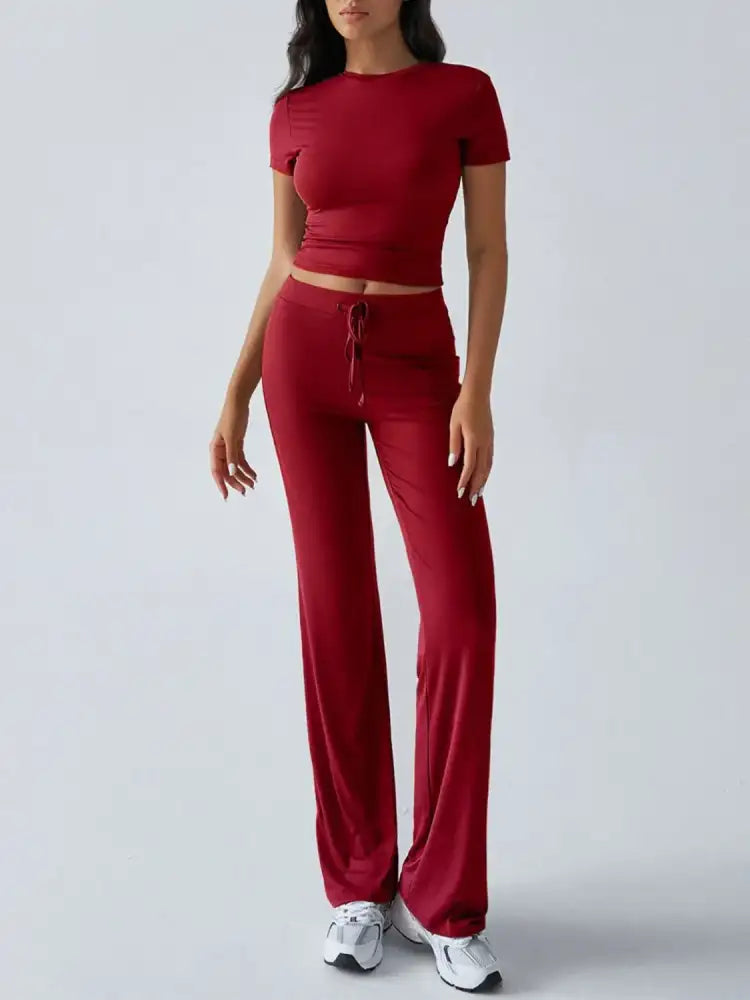 Round Neck Short Sleeve Top and Pants Set