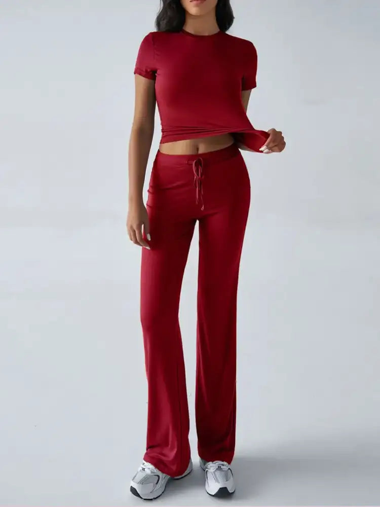 Round Neck Short Sleeve Top and Pants Set
