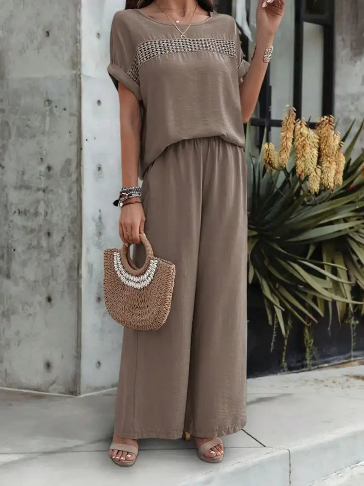 Round Neck Short Sleeve Top and Pants Set