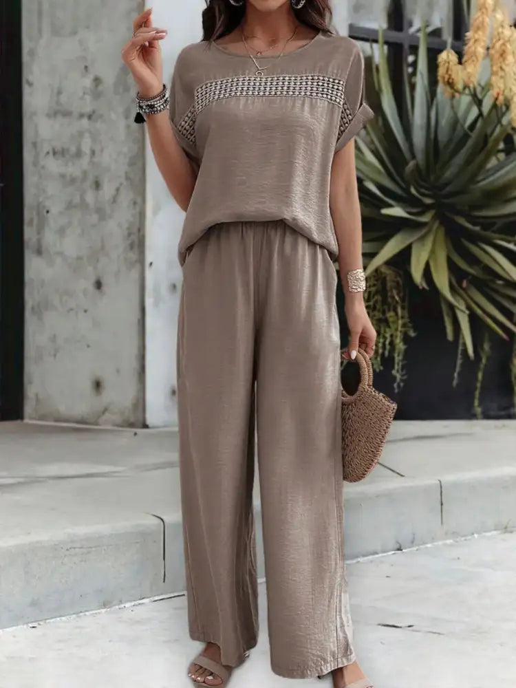 Round Neck Short Sleeve Top and Pants Set