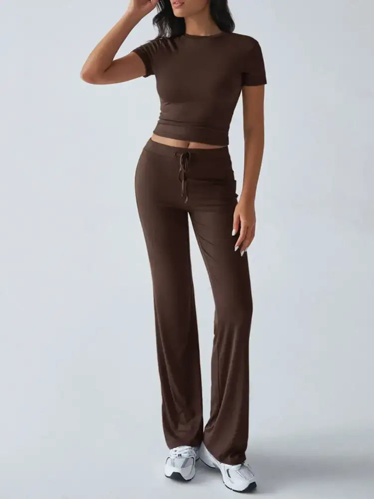 Round Neck Short Sleeve Top and Pants Set