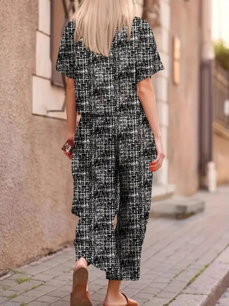 Round Neck Short Sleeve Top and Pants Set