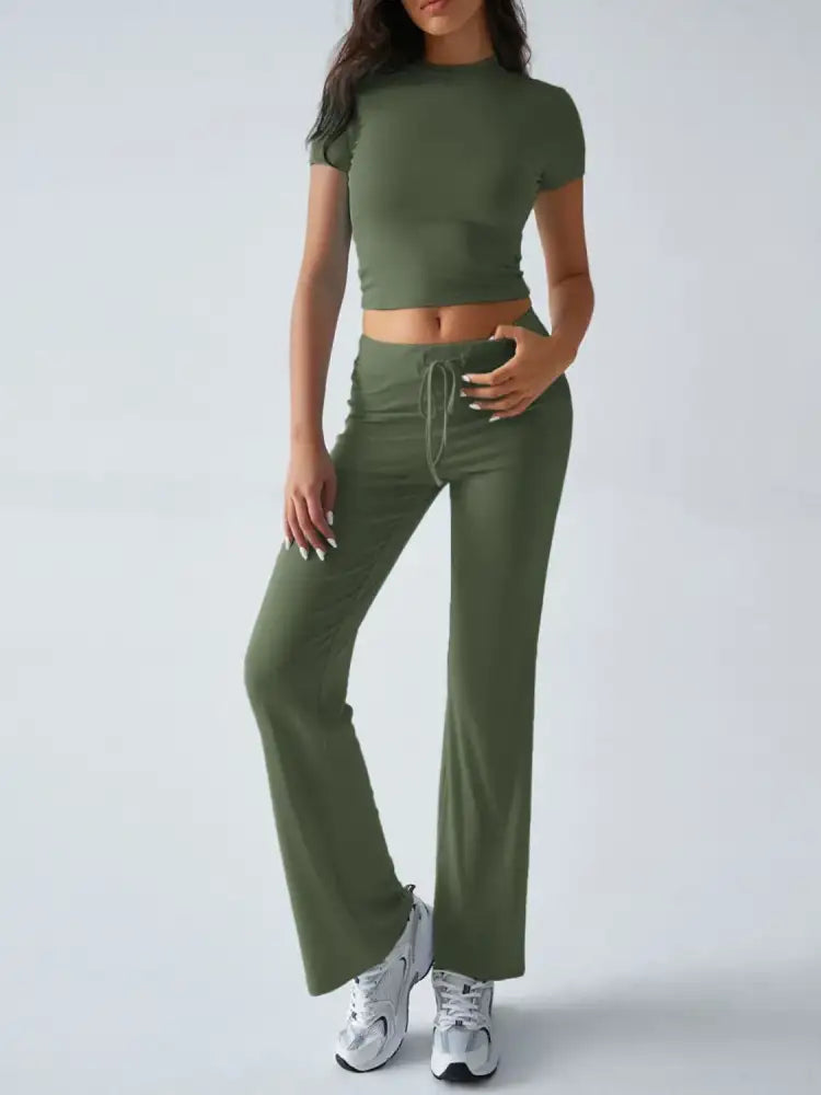 Round Neck Short Sleeve Top and Pants Set