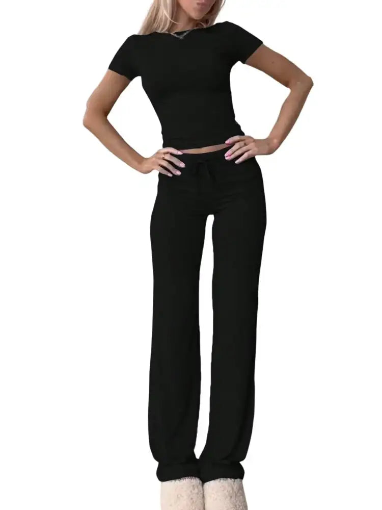Round Neck Short Sleeve Top and Pants Set