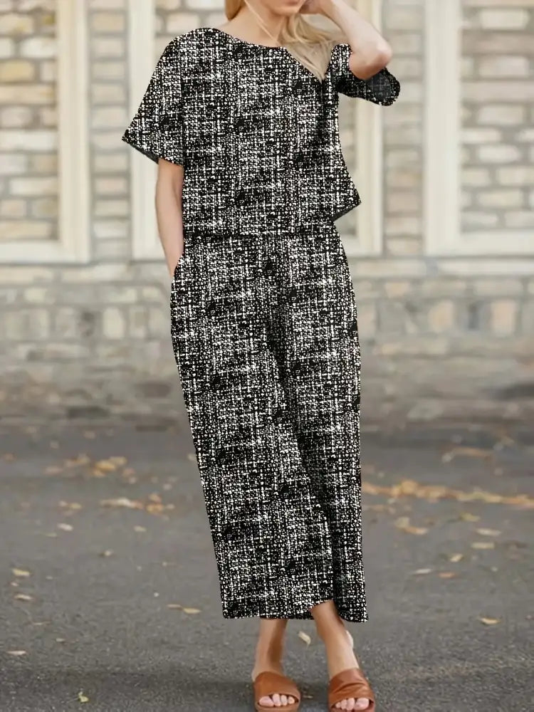 Round Neck Short Sleeve Top and Pants Set