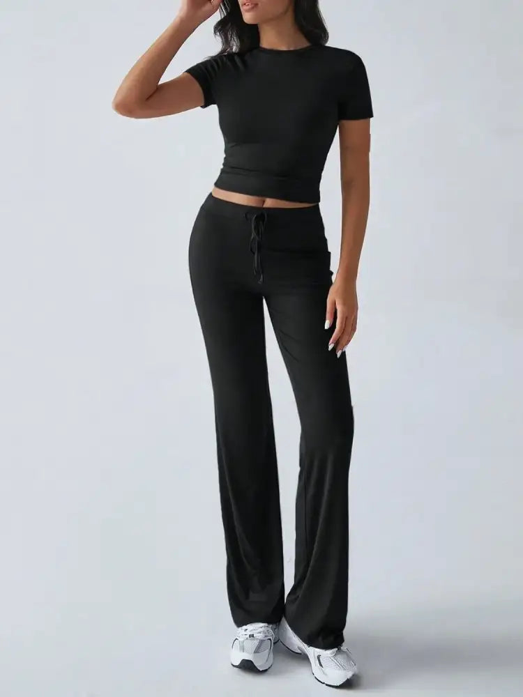 Round Neck Short Sleeve Top and Pants Set