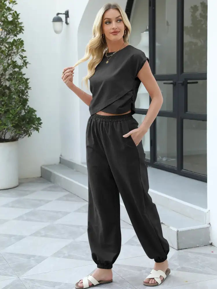 Round Neck Short Sleeve Top and Pants Set